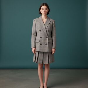 Vintage Gilmore double breasted jacket with midi box pleated skirt.